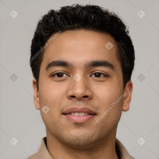 Neutral latino young-adult male with short  brown hair and brown eyes