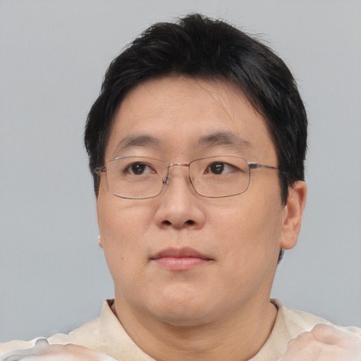 Neutral asian adult male with short  brown hair and brown eyes