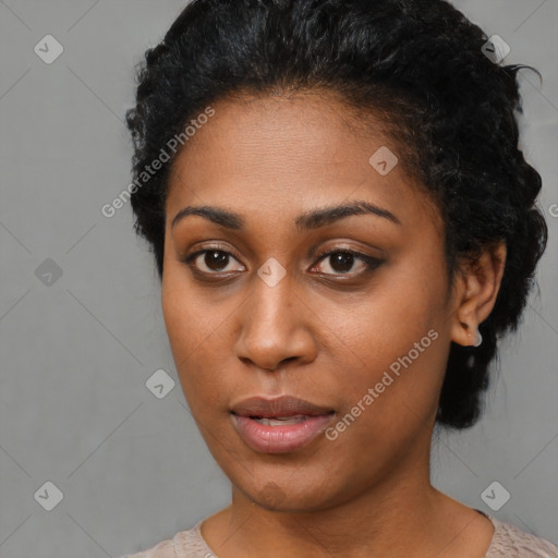 Neutral black young-adult female with short  black hair and brown eyes