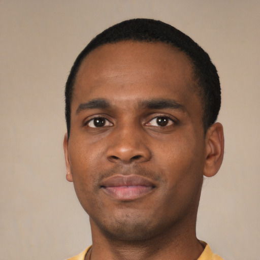 Neutral black young-adult male with short  black hair and brown eyes