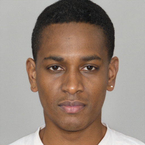 Neutral black young-adult male with short  black hair and brown eyes