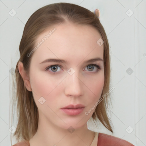 Neutral white young-adult female with medium  brown hair and grey eyes