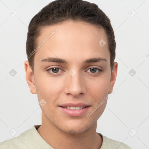 Joyful white young-adult female with short  brown hair and brown eyes