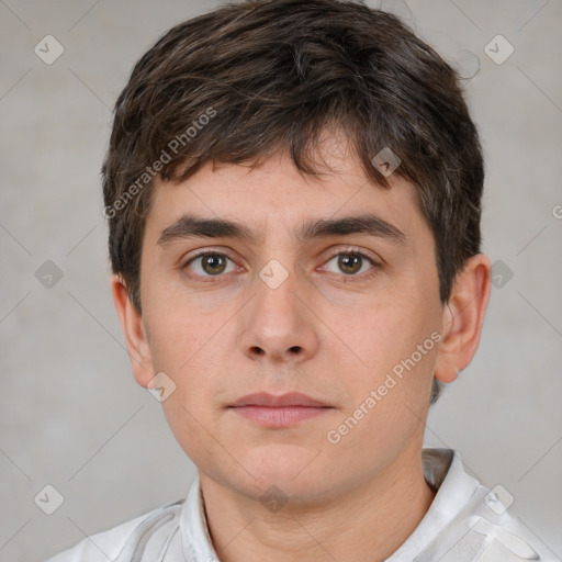 Neutral white young-adult male with short  brown hair and brown eyes