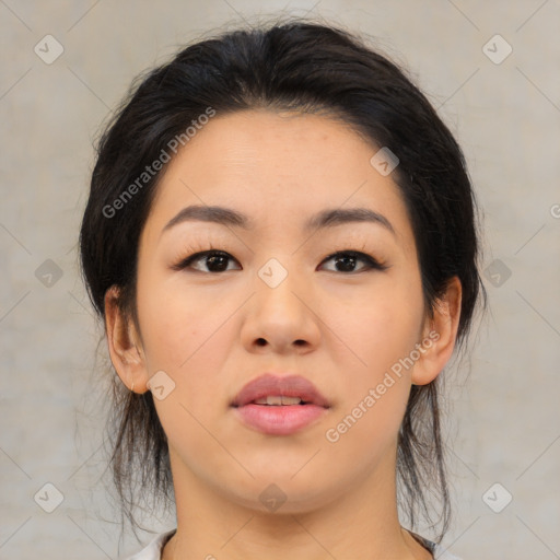 Neutral asian young-adult female with medium  brown hair and brown eyes