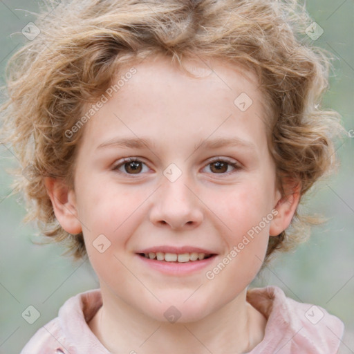 Joyful white child female with medium  brown hair and blue eyes