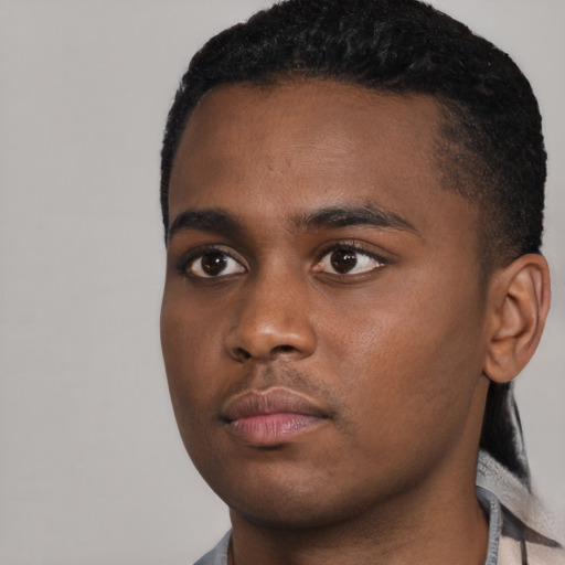 Neutral black young-adult male with short  black hair and brown eyes
