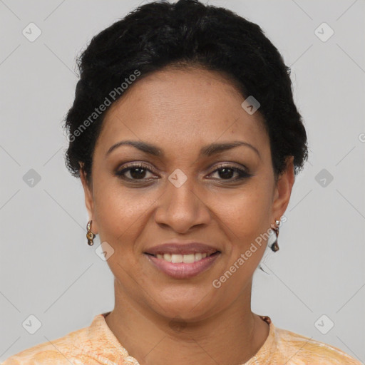 Joyful latino young-adult female with short  black hair and brown eyes