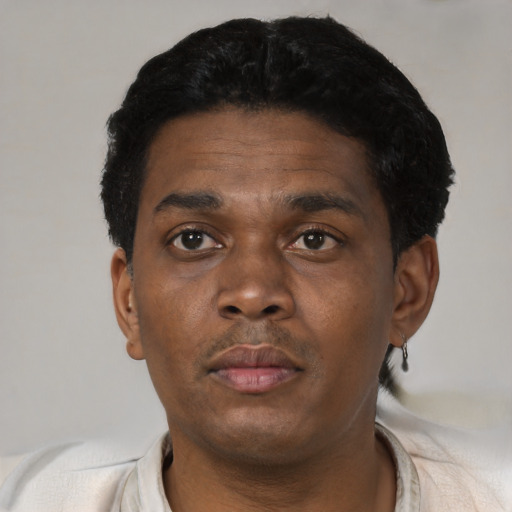 Neutral black adult male with short  black hair and brown eyes