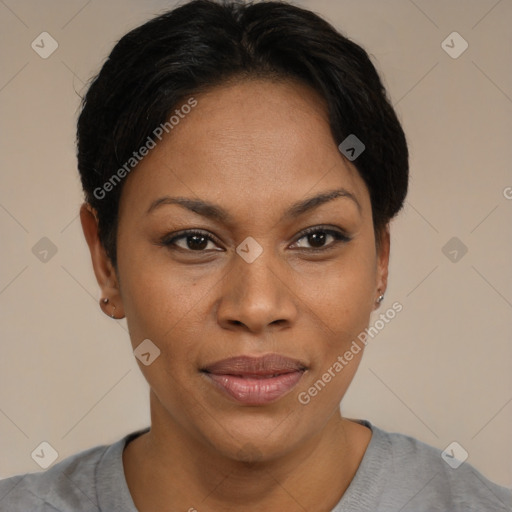 Joyful black young-adult female with short  brown hair and brown eyes