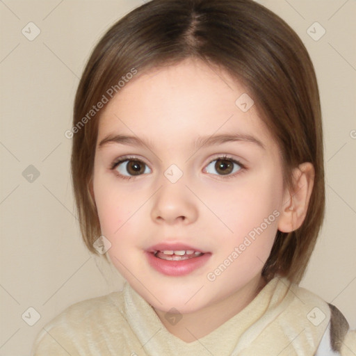 Joyful white child female with medium  brown hair and brown eyes