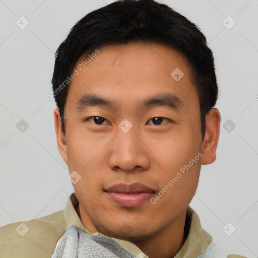 Neutral asian young-adult male with short  black hair and brown eyes