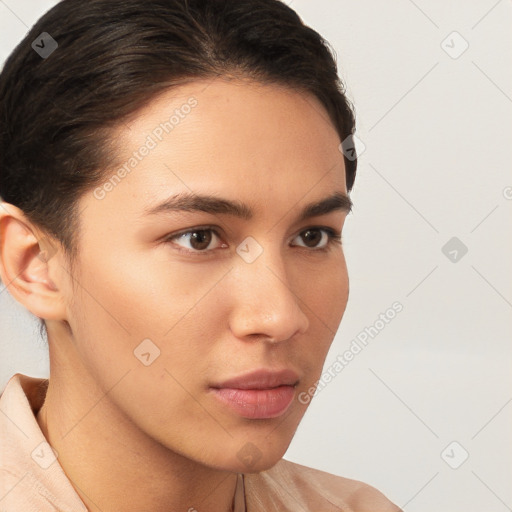 Neutral white young-adult female with medium  brown hair and brown eyes