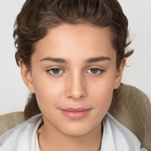 Joyful white child female with medium  brown hair and brown eyes