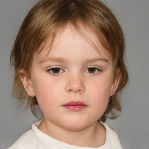 Neutral white child female with medium  brown hair and blue eyes