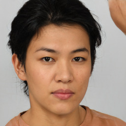 Neutral asian young-adult female with medium  brown hair and brown eyes
