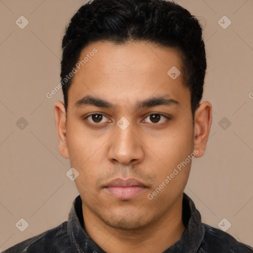 Neutral latino young-adult male with short  black hair and brown eyes