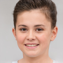 Joyful white child female with short  brown hair and brown eyes