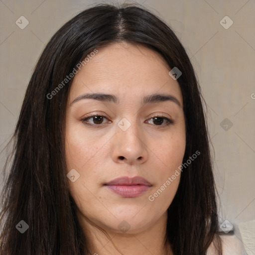 Joyful asian young-adult female with long  brown hair and brown eyes