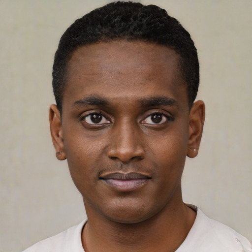 Neutral black young-adult male with short  black hair and brown eyes