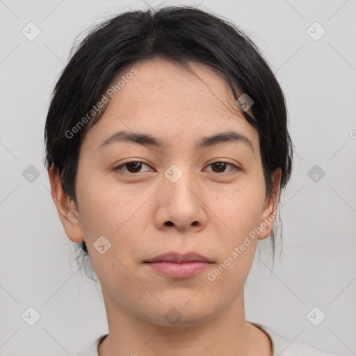 Neutral asian young-adult female with medium  brown hair and brown eyes