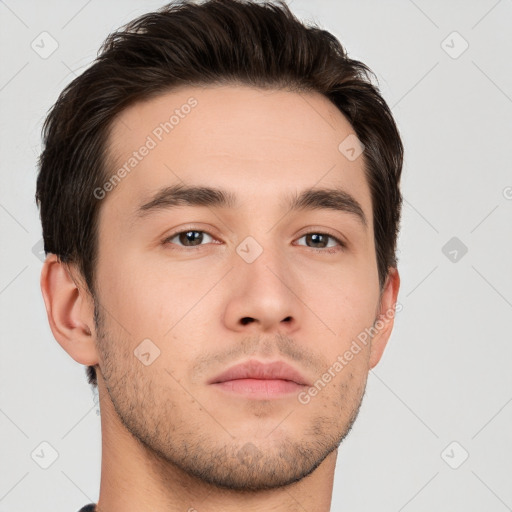 Neutral white young-adult male with short  brown hair and brown eyes