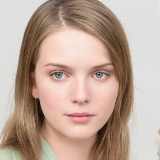 Neutral white young-adult female with medium  brown hair and blue eyes