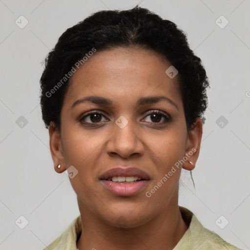 Joyful latino young-adult female with short  brown hair and brown eyes