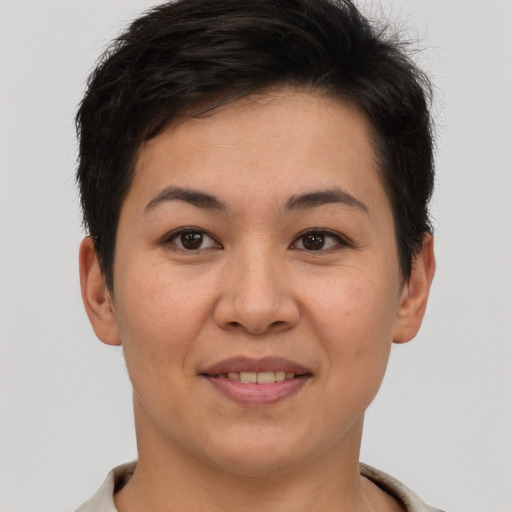Joyful white young-adult female with short  brown hair and brown eyes