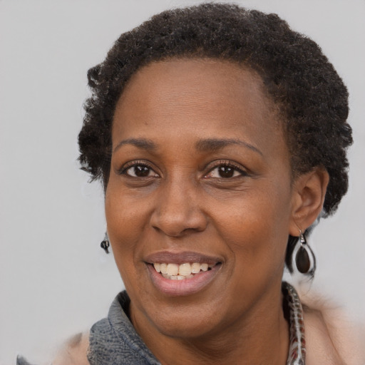 Joyful black adult female with short  brown hair and brown eyes