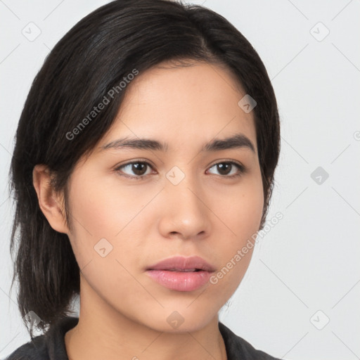 Neutral asian young-adult female with medium  brown hair and brown eyes