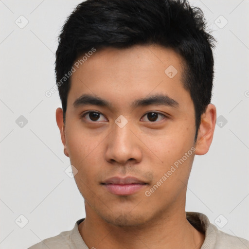 Neutral asian young-adult male with short  black hair and brown eyes