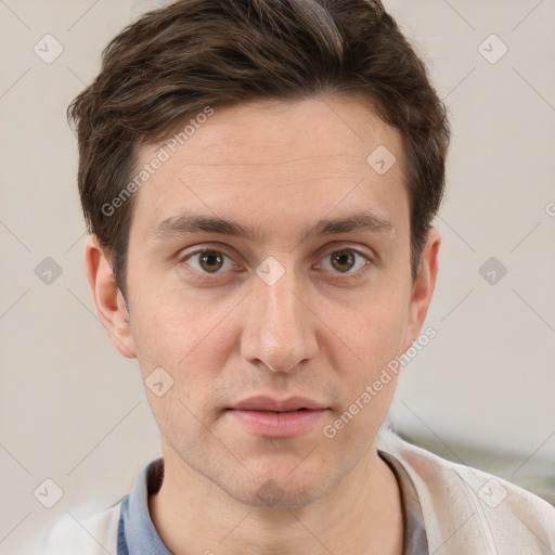 Neutral white adult male with short  brown hair and grey eyes