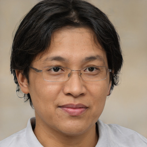 Joyful asian adult female with short  brown hair and brown eyes
