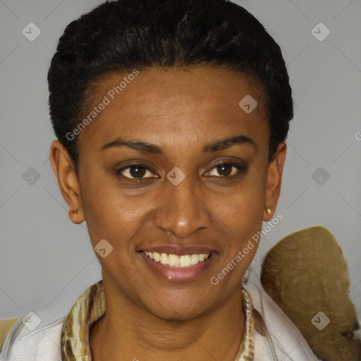 Joyful black young-adult female with short  brown hair and brown eyes