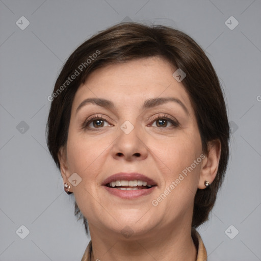 Joyful white adult female with medium  brown hair and brown eyes