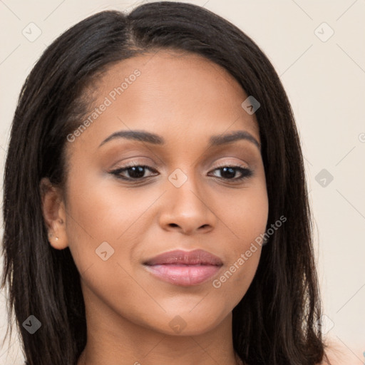 Joyful latino young-adult female with long  brown hair and brown eyes