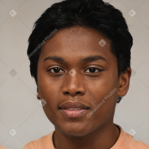 Joyful asian young-adult female with short  black hair and brown eyes