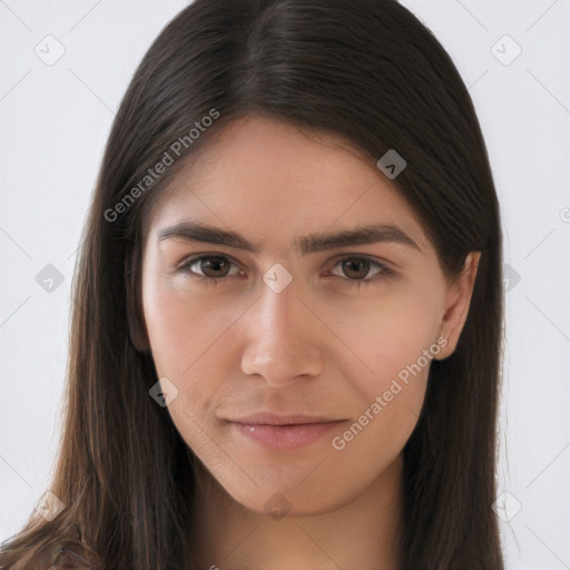 Neutral white young-adult female with long  brown hair and brown eyes