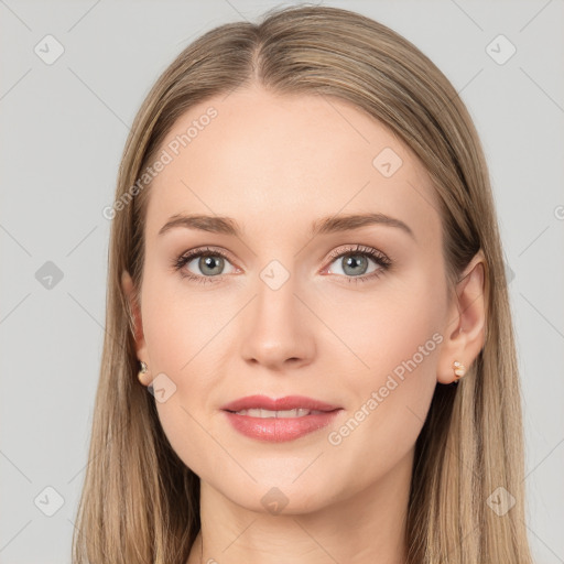 Joyful white young-adult female with long  brown hair and grey eyes