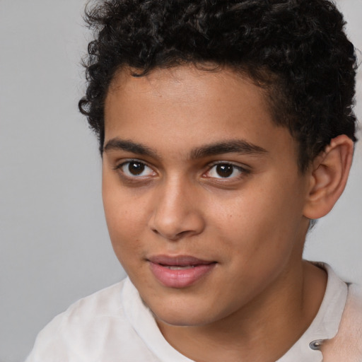 Joyful latino young-adult male with short  brown hair and brown eyes