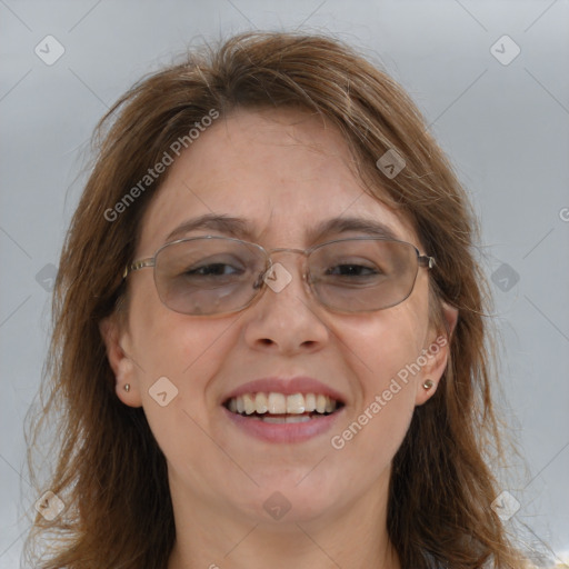 Joyful white adult female with medium  brown hair and brown eyes