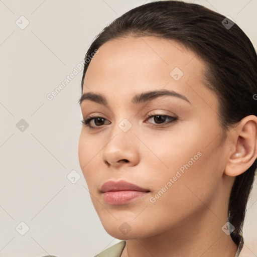 Neutral white young-adult female with medium  brown hair and brown eyes