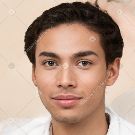 Neutral white young-adult male with short  brown hair and brown eyes