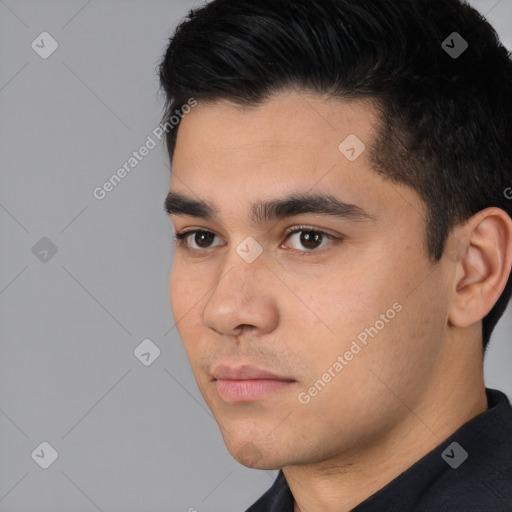 Neutral white young-adult male with short  black hair and brown eyes