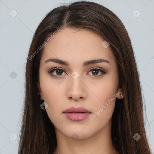 Neutral white young-adult female with long  brown hair and brown eyes