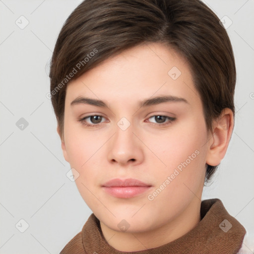 Neutral white young-adult female with short  brown hair and brown eyes