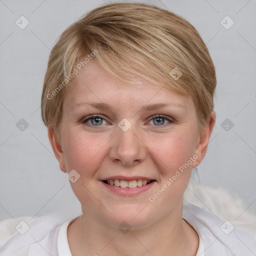 Joyful white young-adult female with medium  brown hair and blue eyes