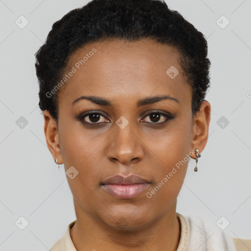 Joyful black young-adult female with short  brown hair and brown eyes