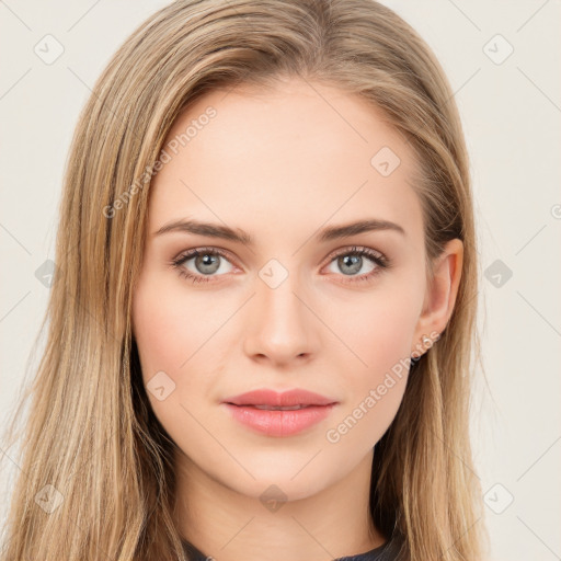 Neutral white young-adult female with long  brown hair and brown eyes